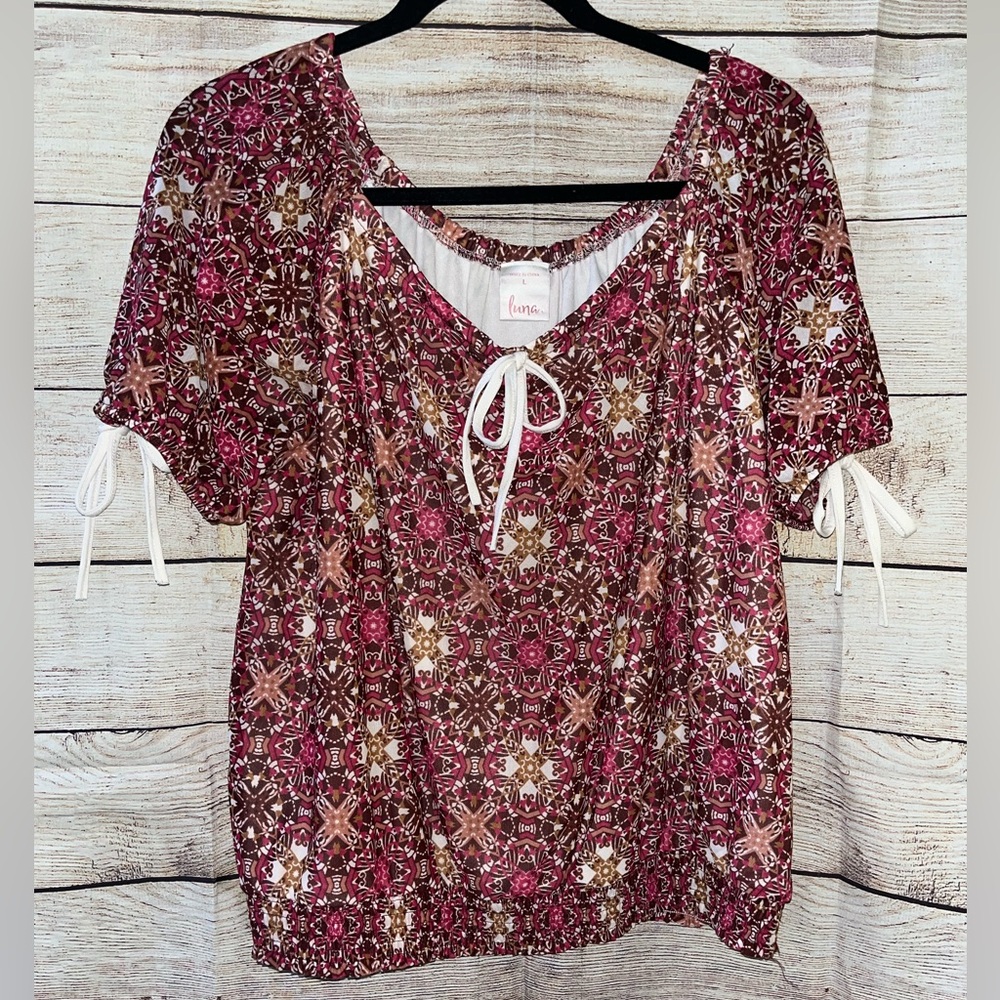 🤎3/$10 Luna Pink and Brown Blouse Size Large - Picture 2 of 8